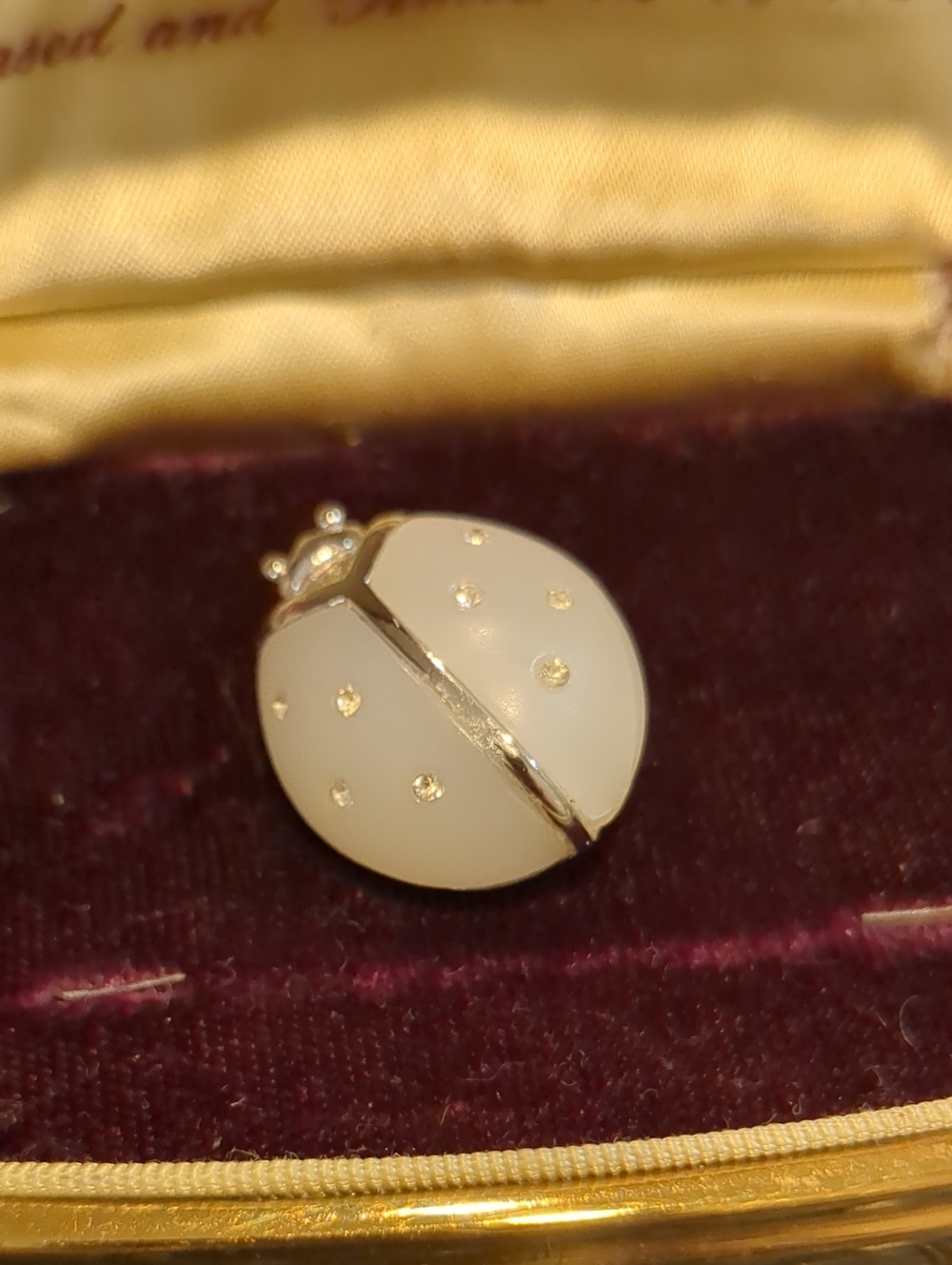 White Enamel Avon Ladybug Brooch with Silver Accents